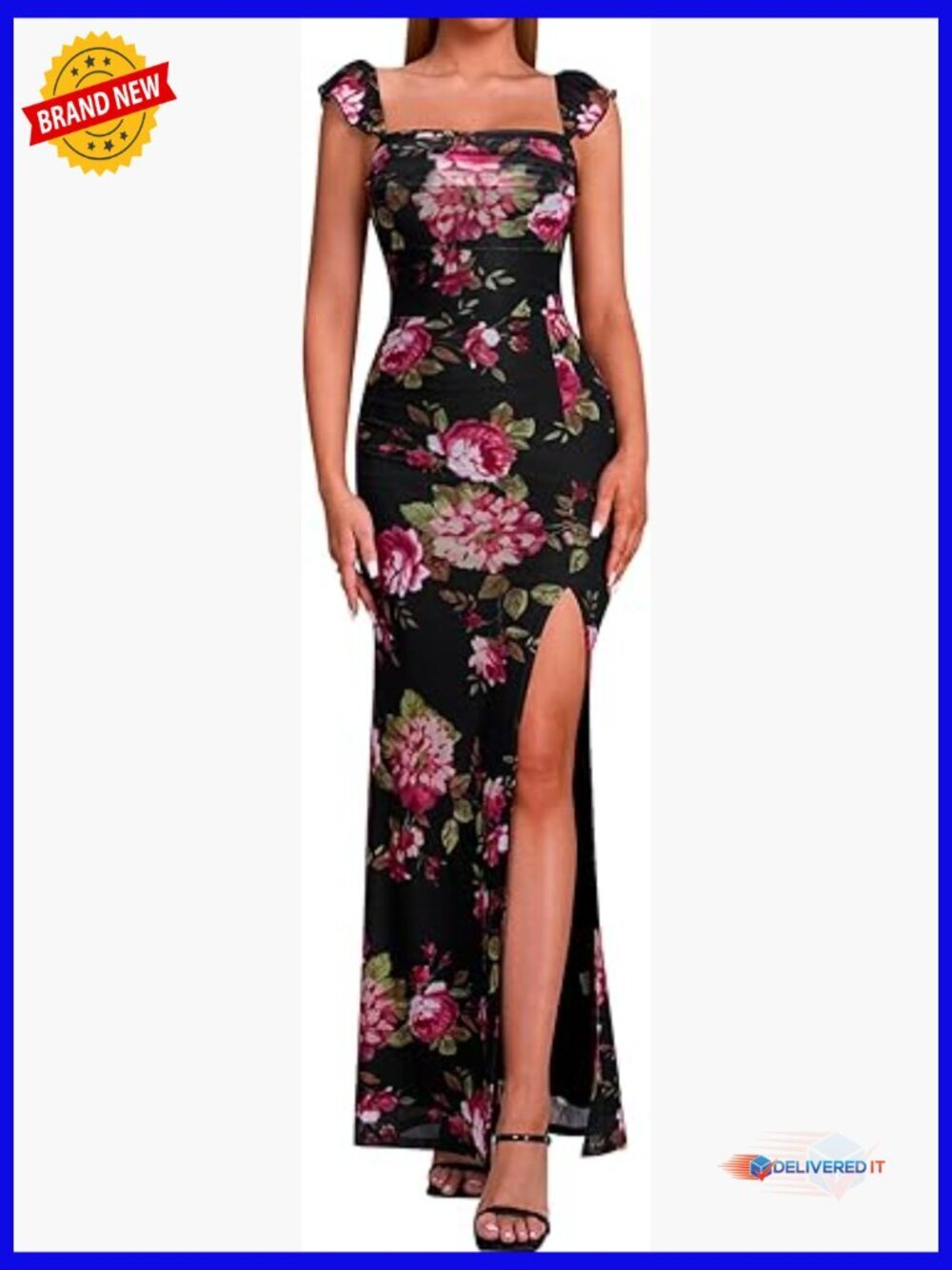 Floral Maxi Bodycon Dress with Slit Square Neck Formal Wedding Guest